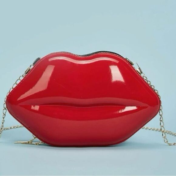 Valentine’s Y2K Red Lip PVC Vegan Leather Kiss Goth Emo Chain Bag - Picture 1 of 12